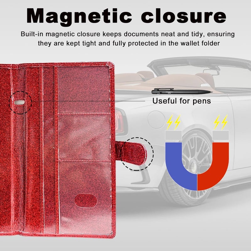 Wevdn Car Registration and Insurance Holder, PU Leather Vehicle Glove Box Organizer with Magnetic Shut, Wallet Case for Insurance Card Driver License Document, Car Accessories (Red, Glossy) - Image 5